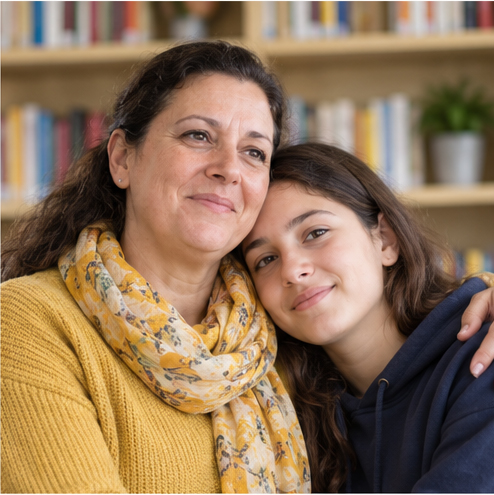 Madre e hija representando el acompañamiento familiar en educación para la salud, emociones y hábitos de vida.