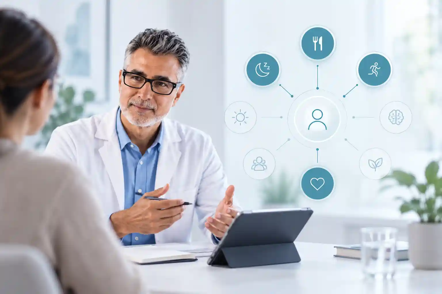 Dietista integrativo analizando hábitos de alimentación, sueño, estrés y actividad física en una consulta de salud metabólica.