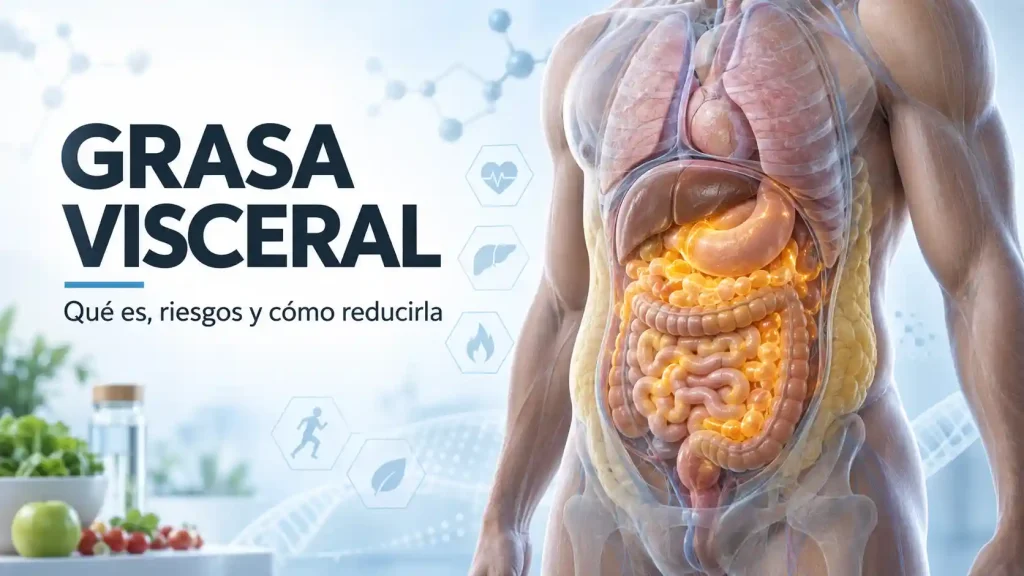 Ilustración anatómica de la grasa visceral acumulada alrededor de los órganos abdominales.