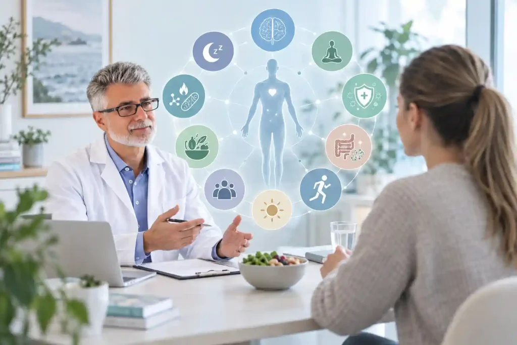 Mario Pinel aplicando PNI a hábitos de vida para analizar alimentación, estrés, sueño, microbiota, actividad física y salud metabólica.
