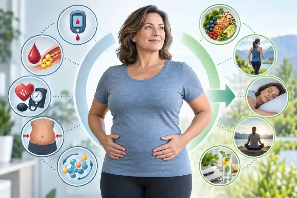 Mujer con grasa abdominal junto a iconos de glucosa elevada, triglicéridos, presión arterial y hábitos saludables relacionados con el síndrome metabólico.