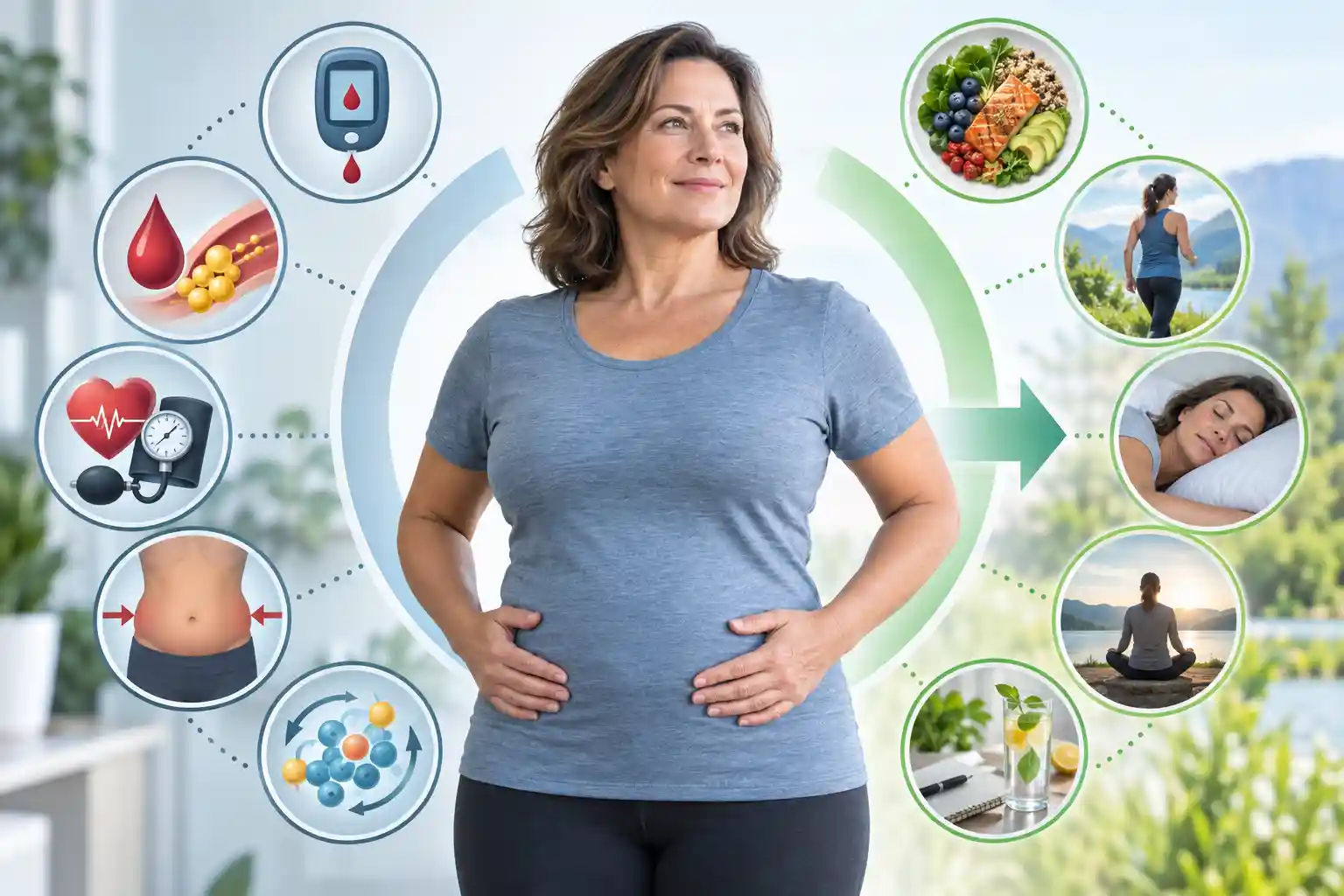 Mujer con grasa abdominal junto a iconos de glucosa elevada, triglicéridos, presión arterial y hábitos saludables relacionados con el síndrome metabólico.